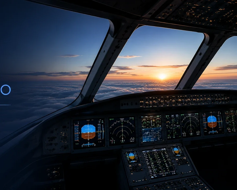 Commercial aviation cockpit at sunrise